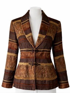 Danny & Nicole Tapestry Jacket Sz 8 Brown Gold Tones Textured Frog Closures